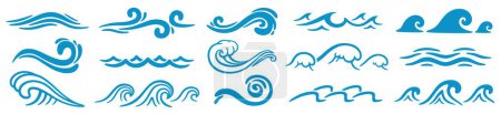 Téléchargez les illustrations : Des vagues bleues. Icône abstraite d'onde de silhouette marine. Éclaboussures décoratives marines, pulvérisation, éclaboussure signe d'eau. Tsunami, marée marine, tempête et temps sur l'océan. Ensemble vectoriel. Différents courants - en licence libre de droit