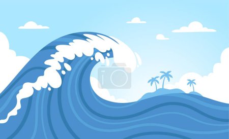 Téléchargez les illustrations : Fond des vagues océaniques. Ondes de mer orageuses abstraites près de l'île. Surf tropical, eau océanique et ciel sur affiche. Flyer voyages décoratifs. Plage de surf avec palmiers. Illustration vectorielle. Surface aqueuse - en licence libre de droit