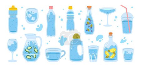 Illustration for Cartoon water bottles. Flat drink dishes. Glass bottle, jug, sport flask, eco glasses, mug, jar, cup for drinking water. Zero waste, eco product. Drink water. Vector set. Plastic container - Royalty Free Image