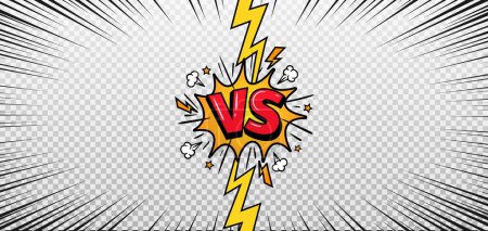 Comic versus background. Vs challenge frame in comics book, game battling screen. Fighting concept with explosion speech bubble and lightning. Conflicting clash banner. Vector concept. Competition