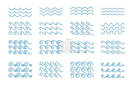 Illustration for Water waves. Wavy line border. Doodle curved river, sea, ocean wave icon. Seamless nautical wiggly sign. Decorative curly horizontal shape, outline liquid elements. Vector set. Aqua splatter - Royalty Free Image