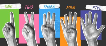 Ilustración de Las manos cuentan con los dedos. Mano número gestos, collage arte. Grunge doblar medio tono dedo muestran los números. Cinco muñecas con signo diferente para el diseño web y el concepto de vector. Lenguaje corporal - Imagen libre de derechos
