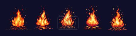 Ilustración de Pixel art fogata. Hoguera roja, leña ardiendo con gran llama y chispas sobre fondo oscuro nocturno. 8 bit pixel video juego estilo vector aislado conjunto. Chimeneas de madera brillante inflamable - Imagen libre de derechos