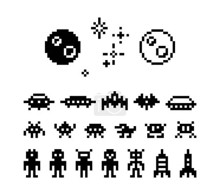 Pixel aliens. UFO, spaceships and planet with stars 8-bit pixel art space retro arcade game monsters, robots and zombies inviders silhouette icons. Vector set. Cosmic characters, universe elements