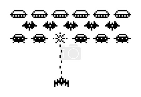 Téléchargez les illustrations : Space Arcade. Pixel art 8 bits rétro jeu vidéo avec vaisseaux spatiaux extraterrestres ufo et fusée. Bataille intergalactique avec les envahisseurs. Scène vectorielle style informatique des années 80. Invasif volant et défenseurs - en licence libre de droit