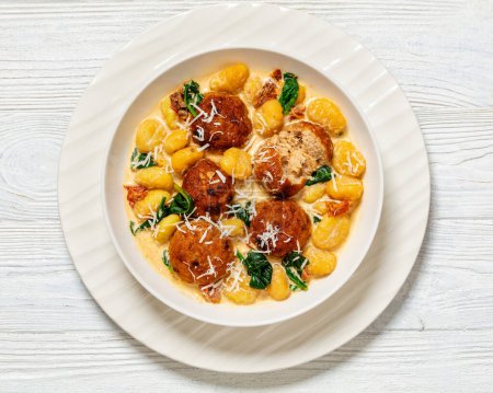 Hähnchenfleischbällchen mit Gnocchi in cremiger Sauce mit sonnengetrockneten Tomaten und Spinatblättern in weißer Schüssel auf weißem Holztisch, horizontale Ansicht von oben, flache Lage, Nahaufnahme
