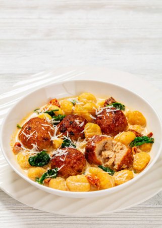 tuscan chicken meatballs with gnocchi in creamy sauce with sun-dried tomatoes and spinach leaves in white bowl on white wooden table, vertical view from above, close-up, free space