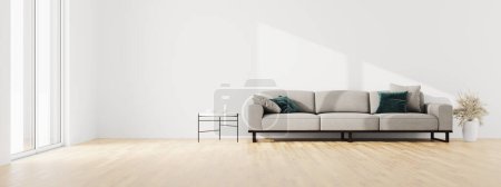 Salon mur intérieur maquette avec canapé en tissu gris et oreillers sur fond blanc avec de l'espace libre sur la gauche pendant la journée ensoleillée. Rendu 3d.