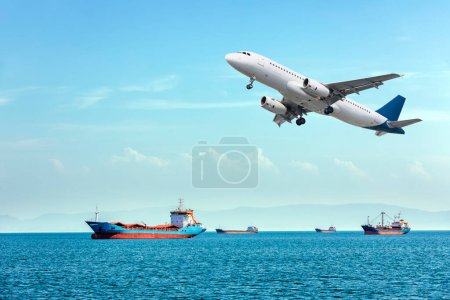 Téléchargez les photos : Ship and air transport. Mode of transport is a term used to distinguish between different ways of transportation or transporting people or goods. - en image libre de droit