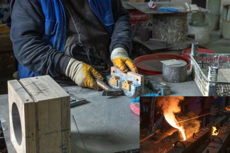 Photo for Casting, melting, molding and foundry. The most widely used non reusable mold method is sand casting a process in which specially treated sand is rammed around the pattern and placed in a support. - Royalty Free Image