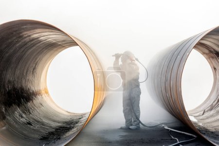 Photo for View of sandblasting before coating. Abrasive blasting, more commonly known as sandblasting, is the operation of forcibly propelling a stream of abrasive material against a surface. - Royalty Free Image
