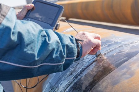 Engineer is inspection to pipe welds with ultrasonic testing. Reflected ultrasound comes from an interface, such as the back wall of the object or from an imperfection within the object.