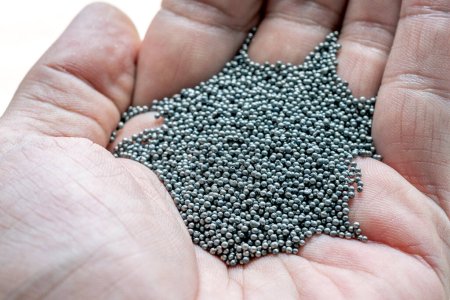 View of the circular steel grits in the palm for abrasive or sandblasting. Steel grits are produced by fracturing high carbon steel balls after heat treatment. Steel grits have high resistance.