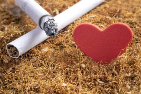 Foto de Una imagen de cerca de una pila de cigarrillos. Cigarrillos, tabaco y objetos del corazón. El consumo resultante de tabaco es la mayor causa de muerte prevenible a nivel mundial. Fumar conduce más comúnmente a enfermedades que afectan al corazón. - Imagen libre de derechos