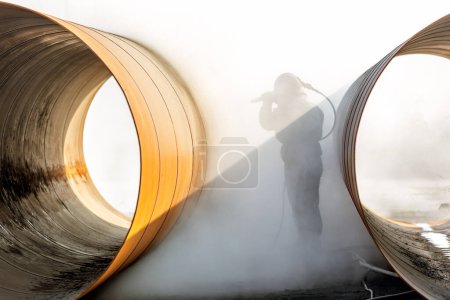 Foto de View of the sandblasting or abrasive blasting. Abrasive blasting, more commonly known as sandblasting, is the operation of forcibly propelling a stream of abrasive material against a surface. - Imagen libre de derechos