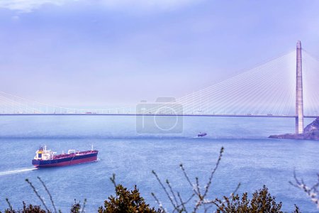 Photo for View of Yavuz Sultan Selim Bridge (Third Bosphorus Bridge). It is a bridge for rail and motor vehicle transit over the Bosphorus strait, to the north of two existing suspension bridges in Istanbul. - Royalty Free Image
