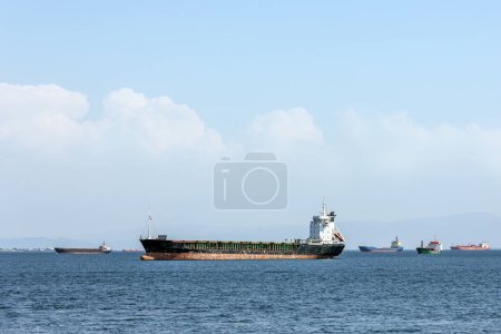 Photo for View of the cargo ships in the gulf. Cargo ships transport dry and liquid cargo. Dry cargo can be transported in bulk by bulk carriers, packed directly onto a general cargo ship in break-bulk. - Royalty Free Image