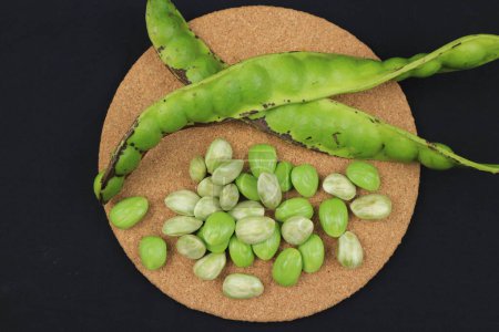 Raw of petai or pete kupas, which have a rather peculiar smell, similar to dogfruit or jengkol. Usually eaten raw and cooked, popular with name stink bean or bitter bean.