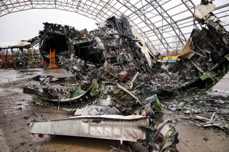 Photo for Hostomel, Ukraine APR 05, 2023 Debris of ukrainian airplane AN-225 Mriya destroyed at Hostomel airfield after russian invasion to Ukrain - Royalty Free Image