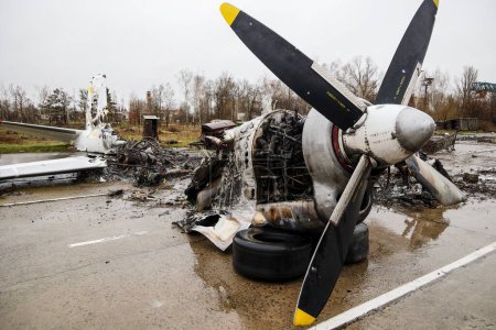 Photo for Hostomel, Ukraine APR 05, 2023 Debris of ukrainian airplanes destroyed at Hostomel airfield after russian invasion to Ukraine during Russo-Ukrainian War - Royalty Free Image