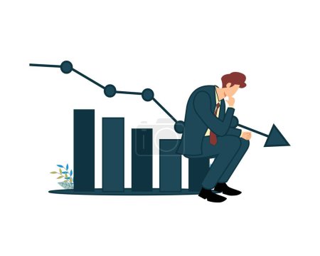 Illustration for Businessman experienced a decline in business performance due to recession. businessman sitting contemplating. flat design vector - Royalty Free Image