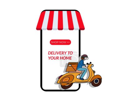 Ilustración de Icono de mensajero montar scooter. ilustración del servicio de entrega a domicilio. logo courier scooter de equitación - Imagen libre de derechos