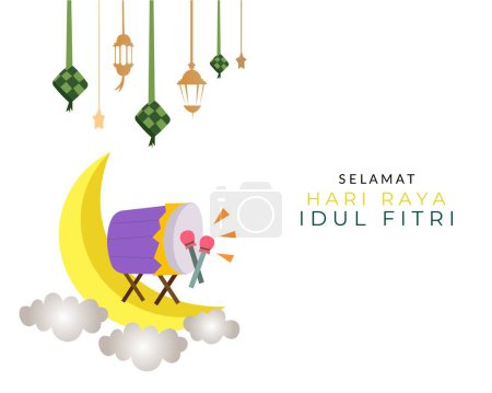 Ilustración de Tarjeta de felicitación feliz eid al fitr con luna creciente, percusión, linterna y decoraciones de estrellas - Imagen libre de derechos