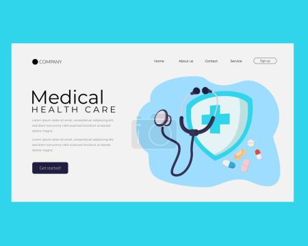 Illustration for Medical landing page template. landing page with image of stethoscope and health care logo - Royalty Free Image
