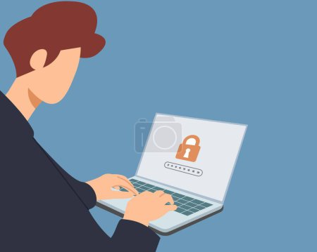 Ilustración de Man using laptop user is logging in with a username and password public cybersecurity concept protección de datos - Imagen libre de derechos