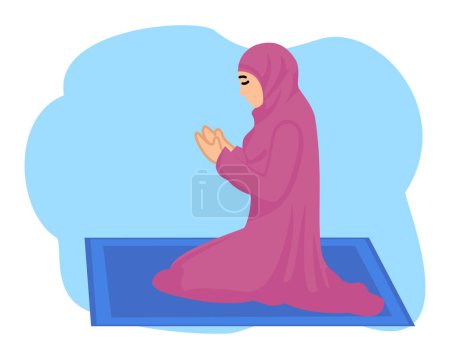 cartoon muslim woman sitting on the prayer rug while praying in ramadhan month