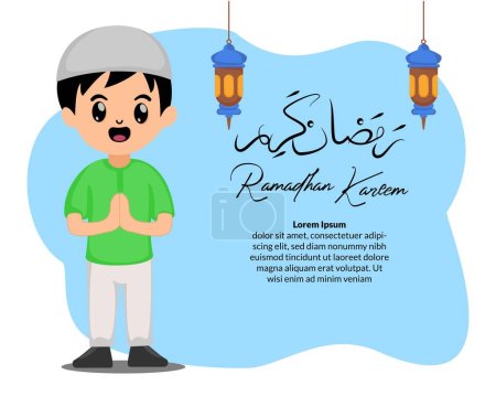 Niedlicher muslimischer Junge grüßt glücklich Ramadan Kareem