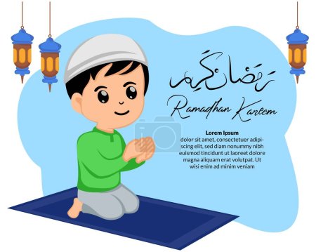 cute muslim boy sitting on the prayer rug while praying in ramadhan month