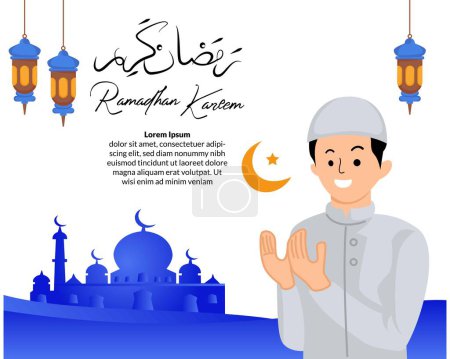 muslim man praying with ramadhan kareem greeting background
