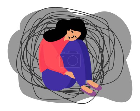 Illustration for Woman in depression or young sad girl sitting unhappy hugging her knees - Royalty Free Image