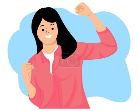Téléchargez les illustrations : Femme avec une expression heureuse avec les mains serrées dans les poings ou geste excité - en licence libre de droit