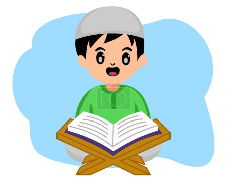 cute cartoon muslim boy reading holy Quran in month ramadan fasting