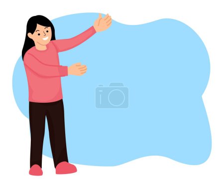 excited young woman showing hands fingers direct up empty space