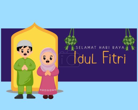 cute cartoon couple muslim kids greeting happy eid celebration