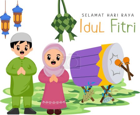 cute cartoon muslim boy and girl apologizing in mosque and percussion while celebrating happy eid al fitr mubarak big day of islamic religion flat style design