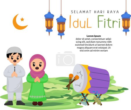 muslim couple apologizing in mosque and percussion while celebrating happy eid al fitr mubarak big day of islamic religion flat style design