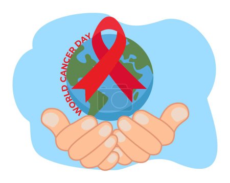 cartel del día mundial del cáncer con cinta de mano y planeta tierra