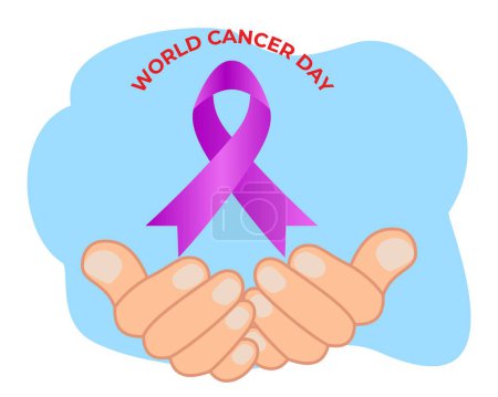 cartel del día mundial del cáncer con las manos sostienen la cinta púrpura respeto al día mundial del cáncer