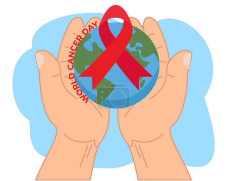 world cancer day poster with hand hold earth and red ribbon