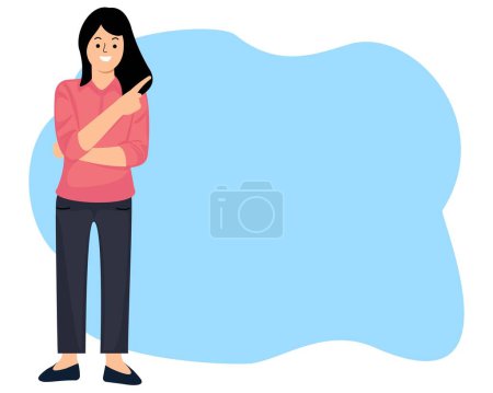 portrait woman smiling standing showing finger to blank space for promotion or advertisement concept