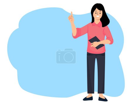 portrait woman standing hold tablet or smartphone with pose pointing finger up