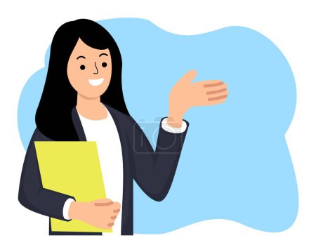 office woman holding files with hands pointing finger to copyspace
