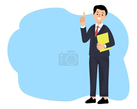 Porträt Geschäftsmann, der mit erhobenem Zeigefinger ein Formular hält, um Raum oder Werbekonzept und Ansage zu kopieren