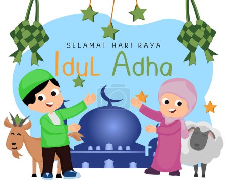happy eid al adha celebration with illustrations of Muslims kids and sacrificial goats