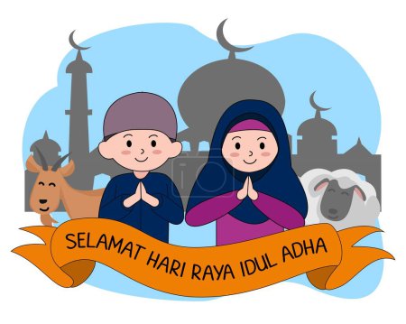 Happy Eid Al-Adha Mubarak with illustrations of Muslims and sacrificial goats