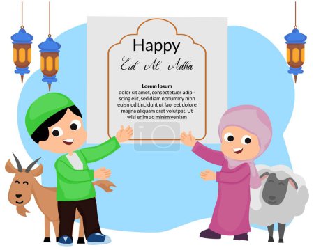 feliz celebración eid al adha con ilustración de la linda pareja de niños musulmanes y animales de cabra sacrificial